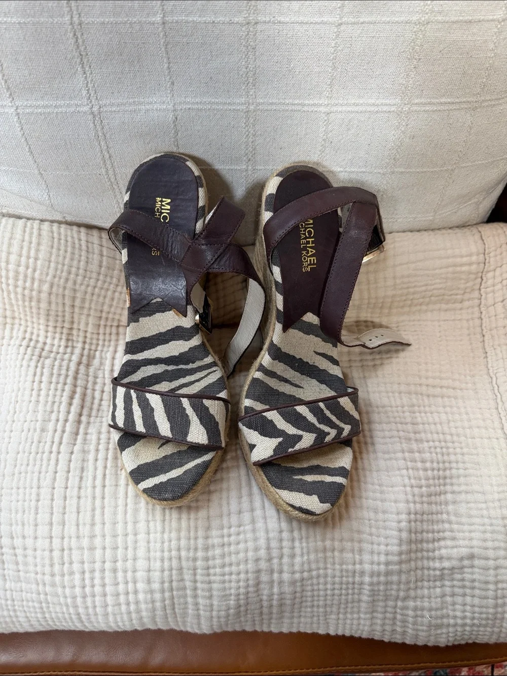 Michael Kors Zebra Print Wedge Sandals in Black and Ivory